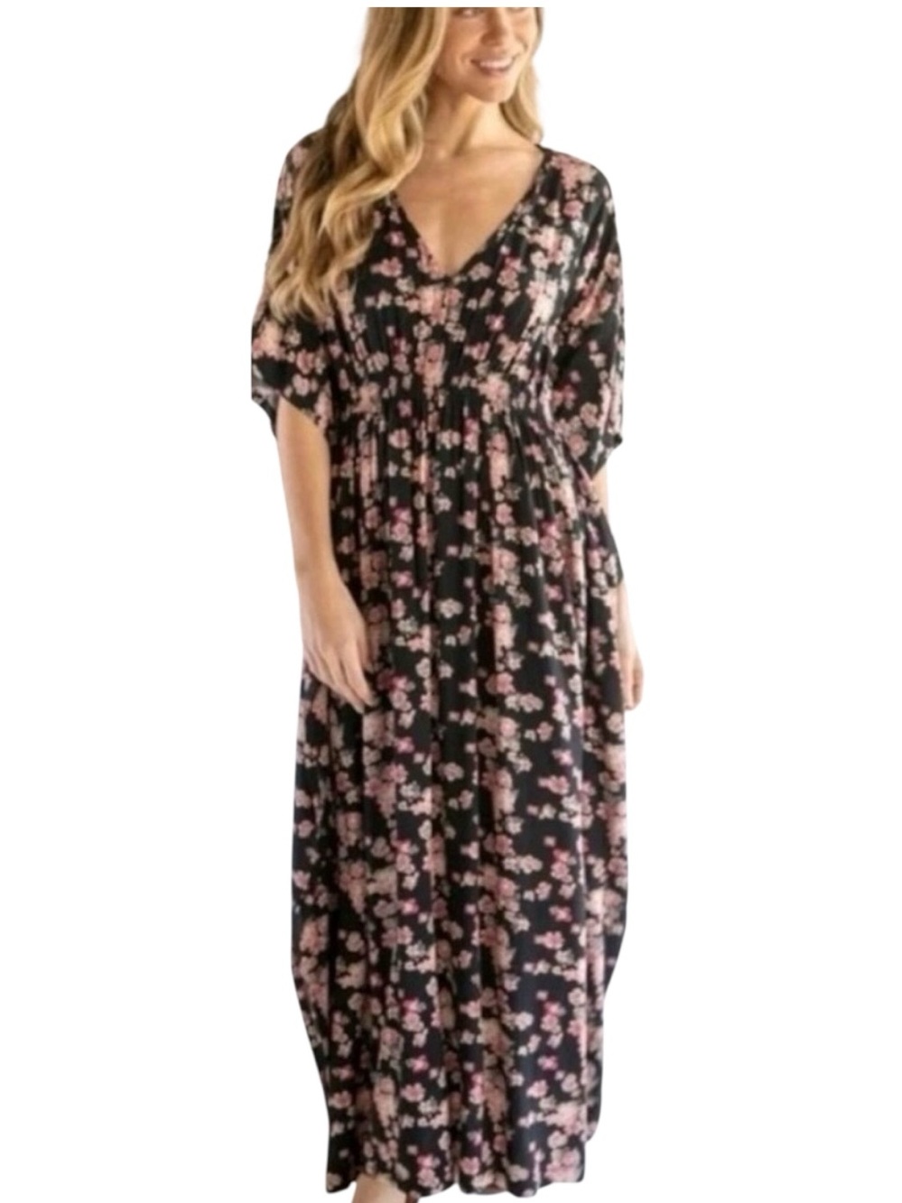 Natural Life Sanibel Kaftan Maxi Dress Black Pink Rose Print Misses size M